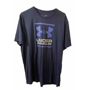 Under Armour Shirt Mens Blue Grey Heat Gear Loose Fit Spell Out Gym XL